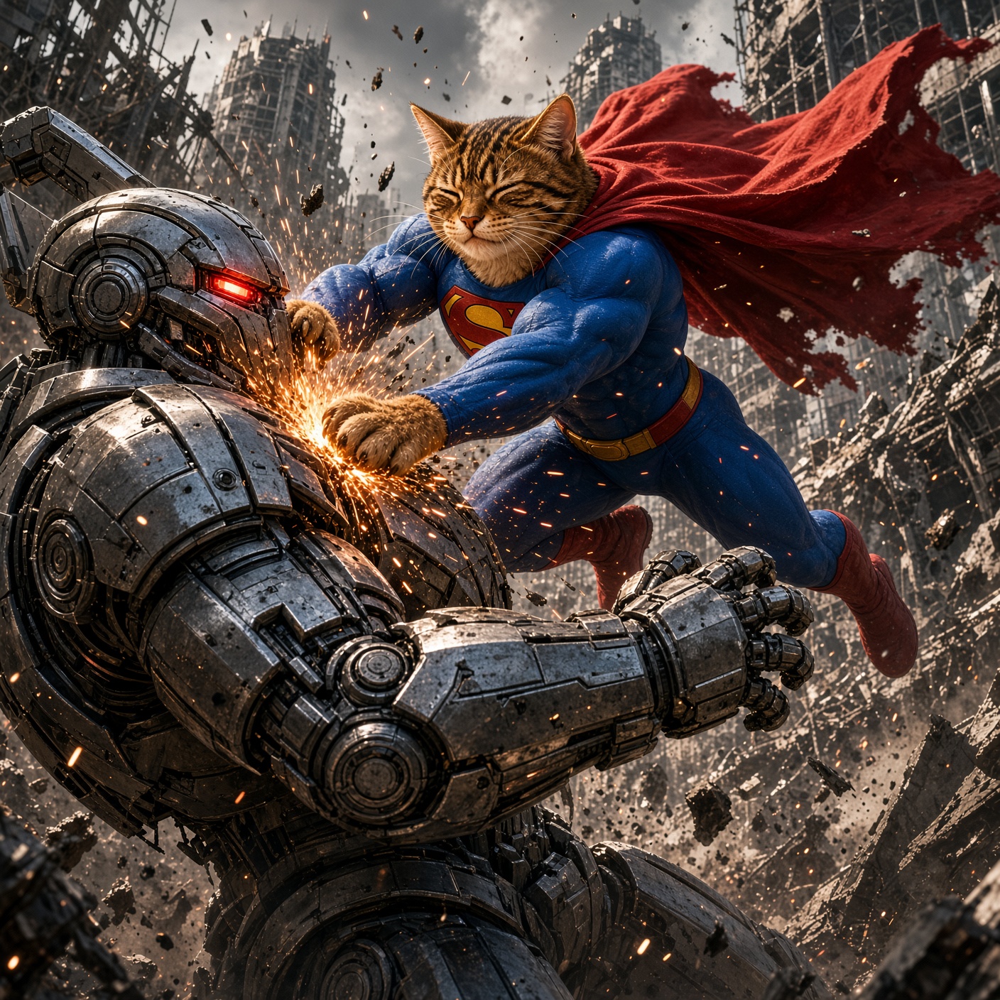SuperCate battling a giant armored robot in a ruined city